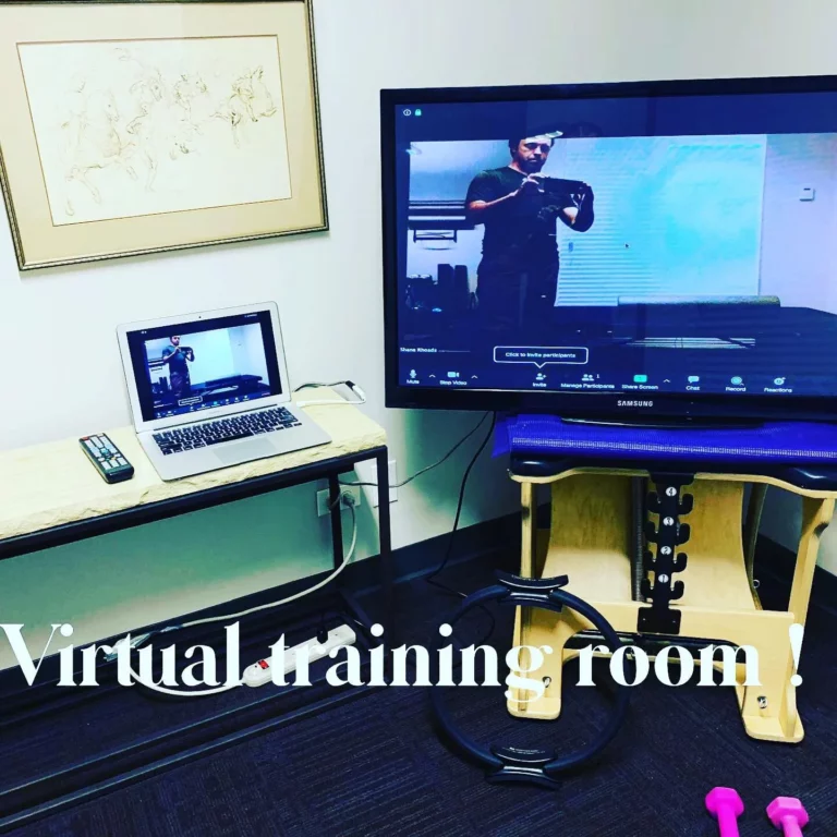 A laptop and large monitor display a person on a video call in a room with fitness equipment; text on image reads "Virtual training room!.