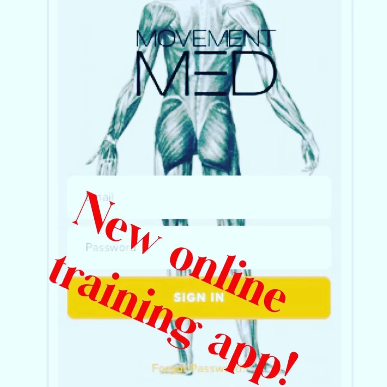 Screenshot of a login page for the Movement Med app featuring a muscle diagram, with "New online training app!" written in red text across the image.